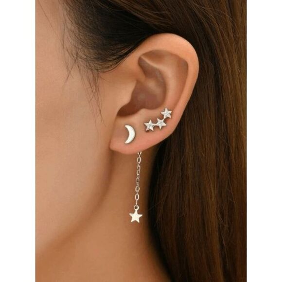 SILVER MOON AND STAR CHAIN DANGLE EARRINGS - 4 PIECE SET - Picture 1 of 5